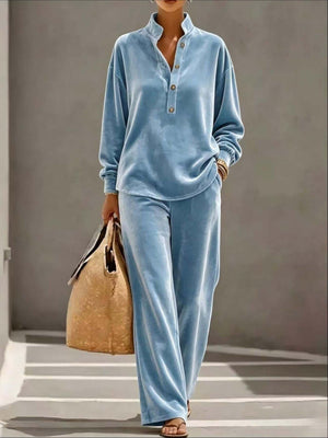 pajama set in sky blue featuring buttoned and relaxed fit