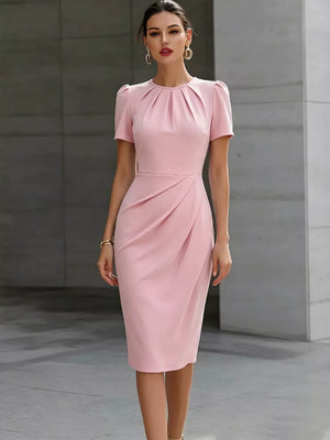 Pink pleated midi dress with ruched waist and short sleeves