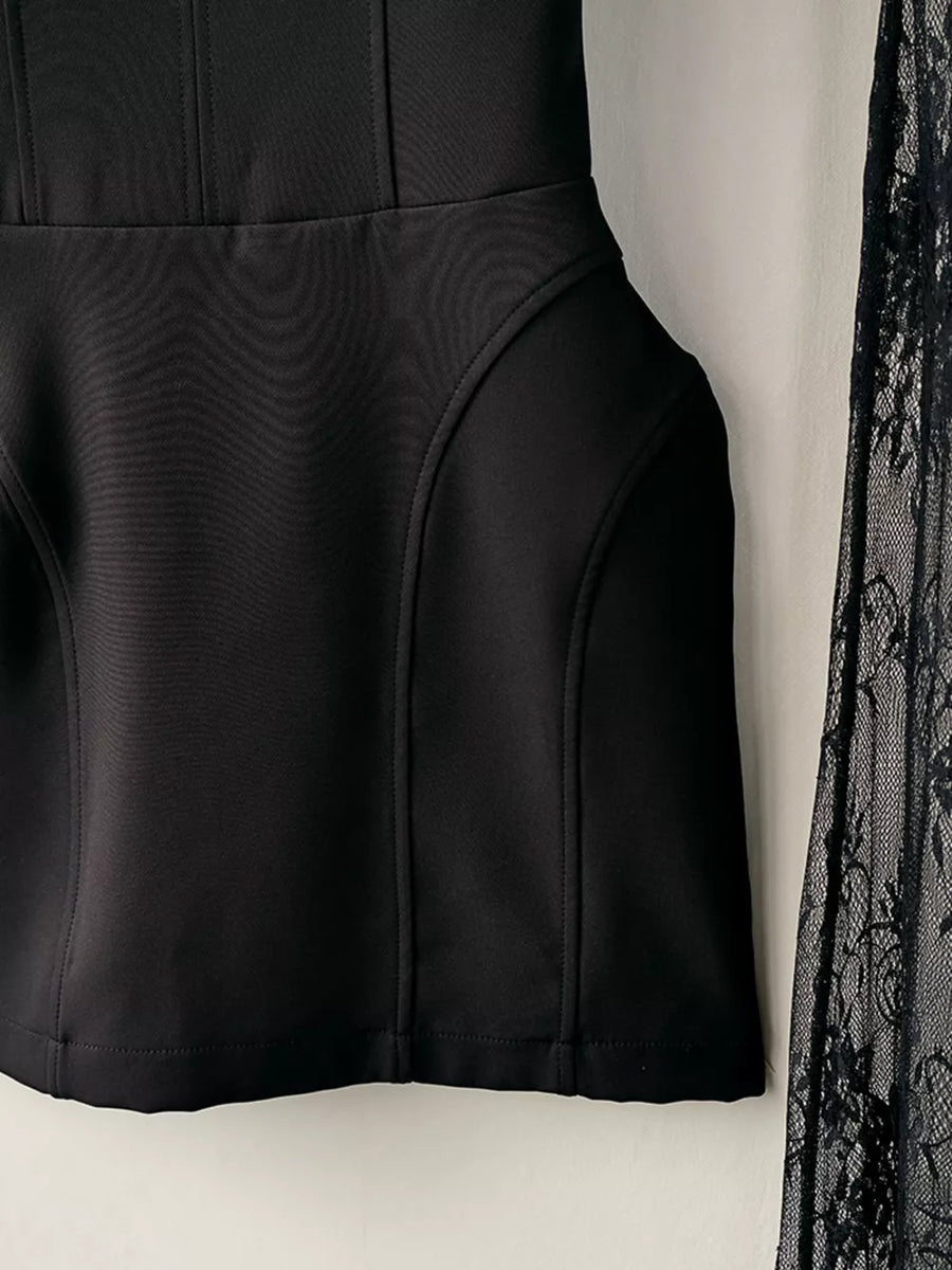 95% polyester, 5% spandex Care instructions: Machine wash cold mini dress in Black with fitted silhouette