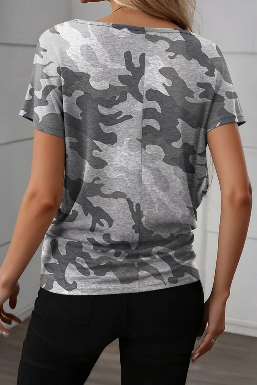 Slightly stretchy grey camo print crew neck t-shirt with short sleeves.