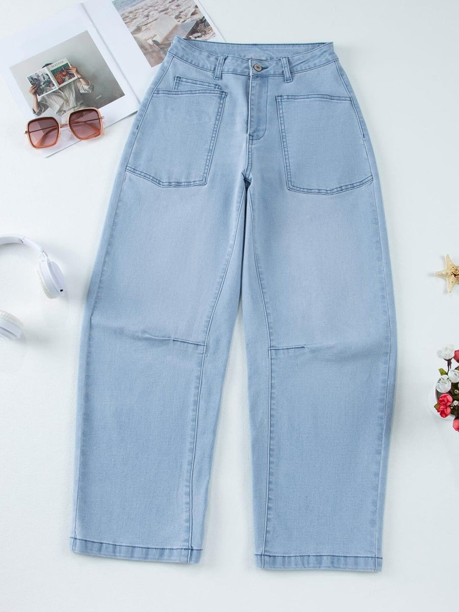 Black wide-leg jeans with ankle-length and button and zip-front