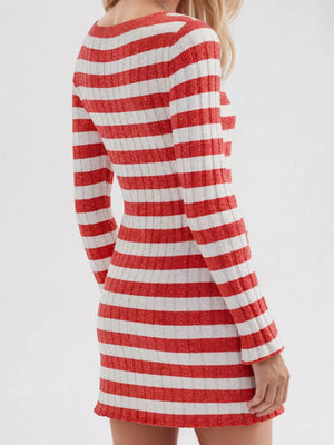 white sweater dress featuring ribbed and striped