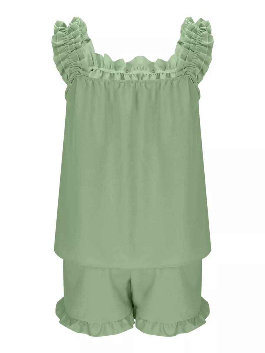Light blue ruffled pajama set with square neckline and short shorts.