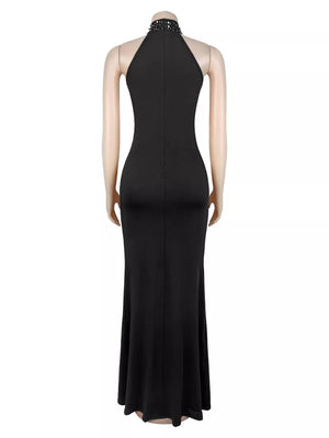 maxi dress in black with ruched and maxi