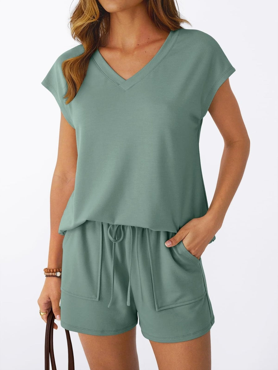 Light green V-neck top and drawstring shorts set with pockets