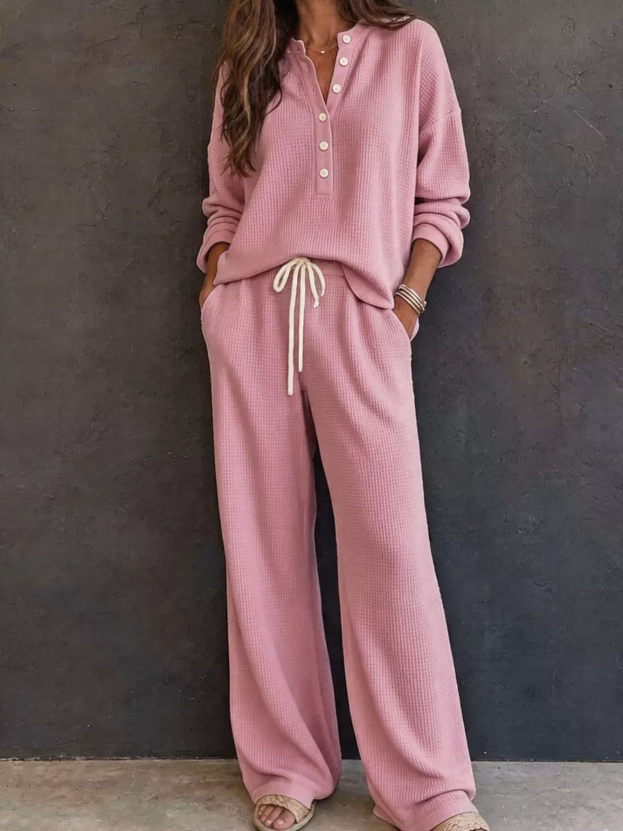 Dark Gray lounge set with hip-length, full-length and half-button, drawstring, elastic