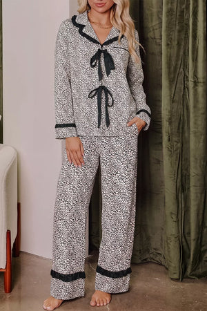ivory pajama set with leopard and collared