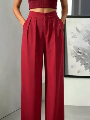 cream wide-leg pants with full-length and button