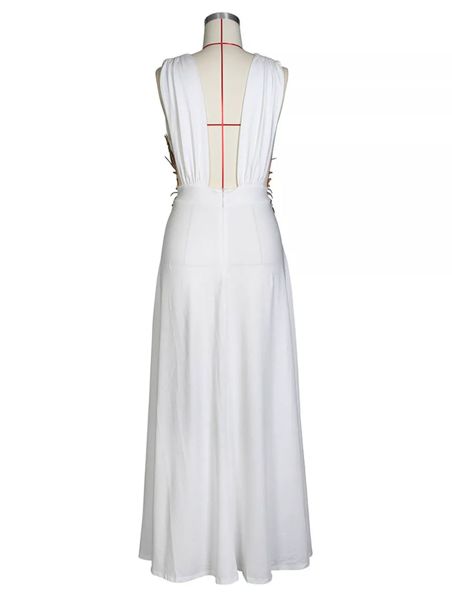 glam maxi dress in White with deep v-neck