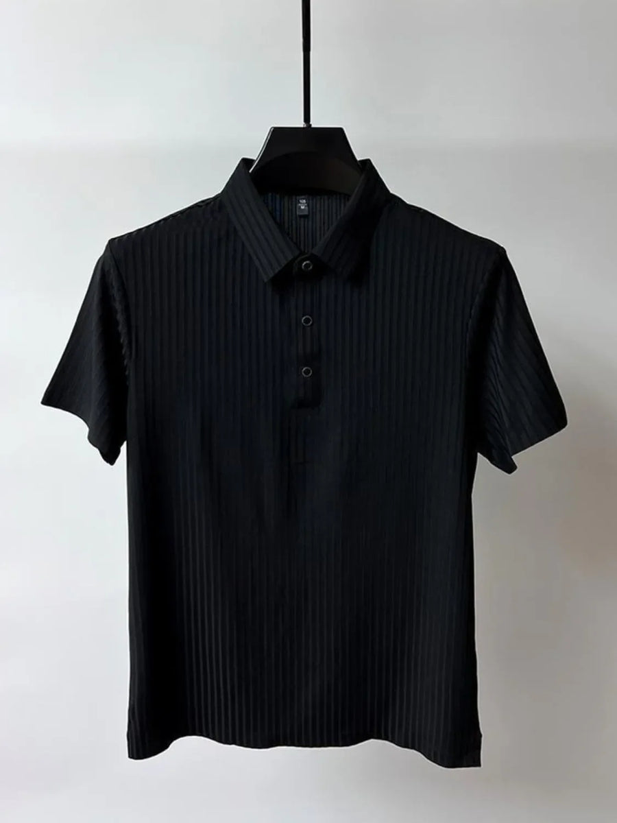 Black ribbed polo shirt with short sleeves and buttoned placket.