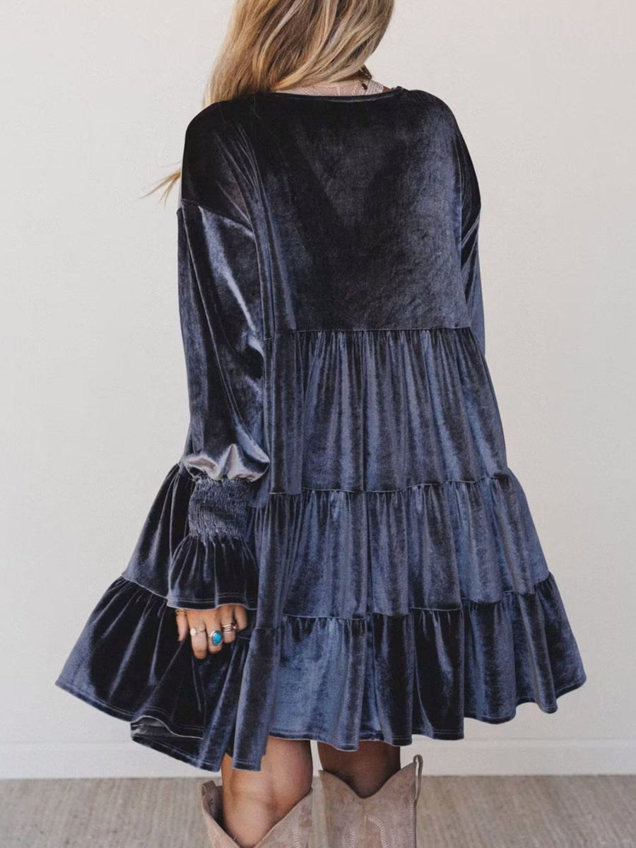 Velvet Tiered Mini Dress With Balloon Sleeves in Dusty Pink