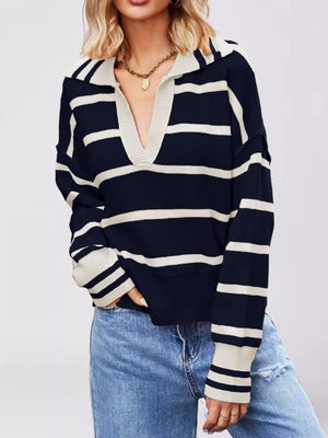 pullover sweater in Khaki with striped and ribbed