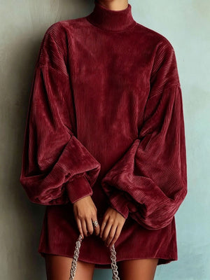 Wine Red relaxed mini dress with mock neck