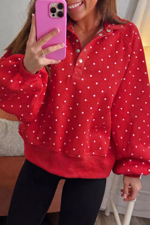 red sweatshirt with polka dot and collared