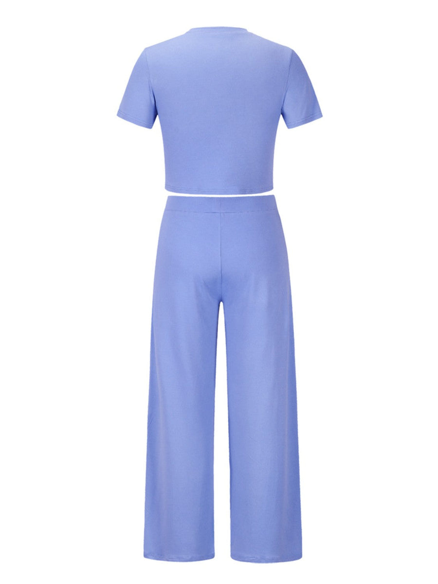 Cloudy blue pleated waist crop top and wide leg pants set