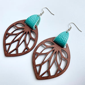 Brown wood leaf earrings with teal accent