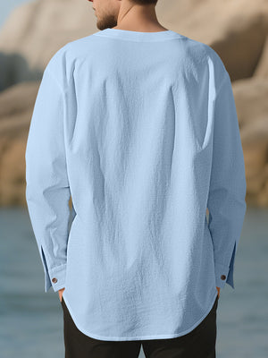 Men's Casual Pleated Long Sleeve Shirt Plus Size in Light Blue