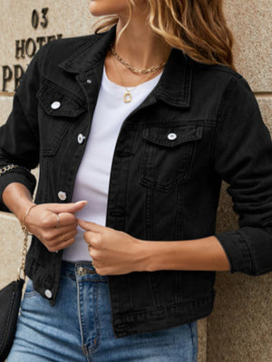 Red denim jacket with hip-length and button-front
