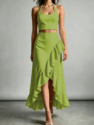 Navy two-piece set with high-low hem and sleeveless