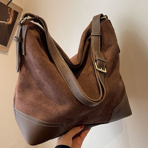 handbag featuring patchwork in Coffee Brown with Suede Imported Size & texture