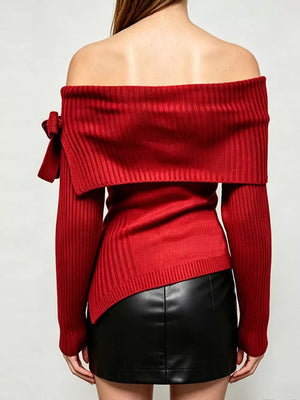 dark brown fitted off-shoulder top with off-shoulder