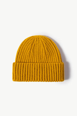 Mustard chunky ribbed knit beanie with folded cuff