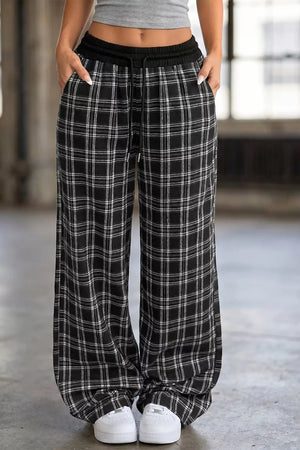 black wide-leg pants with full-length and drawstring