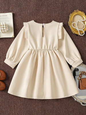 cream fit-and-flare dress with 3D floral appliques and long sleeve