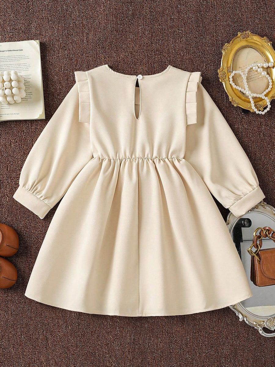 cream fit-and-flare dress with 3D floral appliques and long sleeve