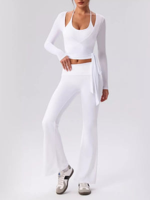 activewear set in white featuring tied and flared fit
