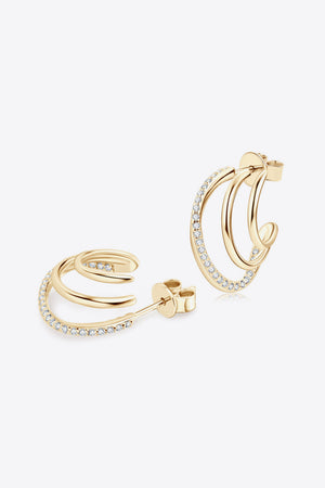 Gold triple hoop diamond stud earrings with pavé diamond accents