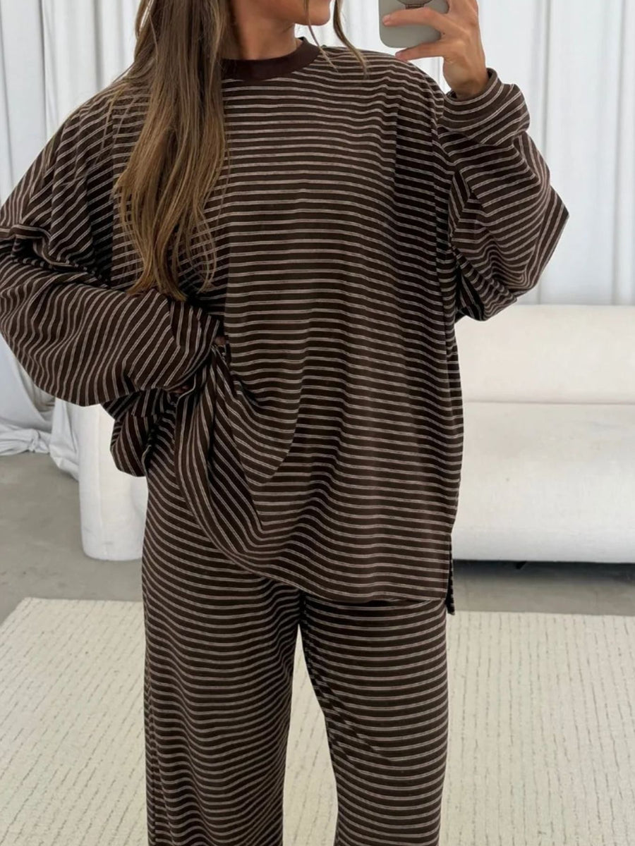 beige lounge set featuring dropped shoulder and striped