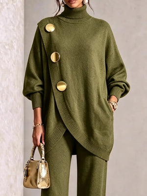 Apricot Color sweater and pants set with tunic-length and pullover