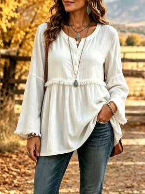 Full Size Fringed Button Detail Blouse Plus Size in White with buttoned