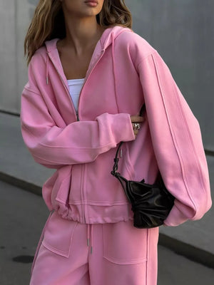 Oversized Zip-up Hoodie And Wide-leg Pants Set in Brown, view 17