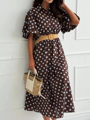 light blue midi dress featuring puff sleeve and polka dot