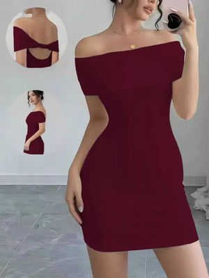 Burgundy bodycon mini dress with off-the-shoulder neckline and draped backless detail.