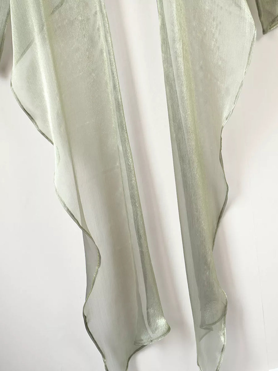 Sheer Front Tie Detail Long Sleeve Shirt in Green with tied