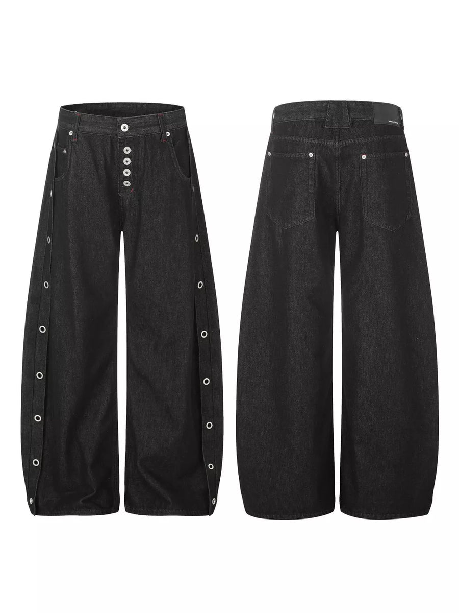 Black wide-leg jeans with full-length and button-front