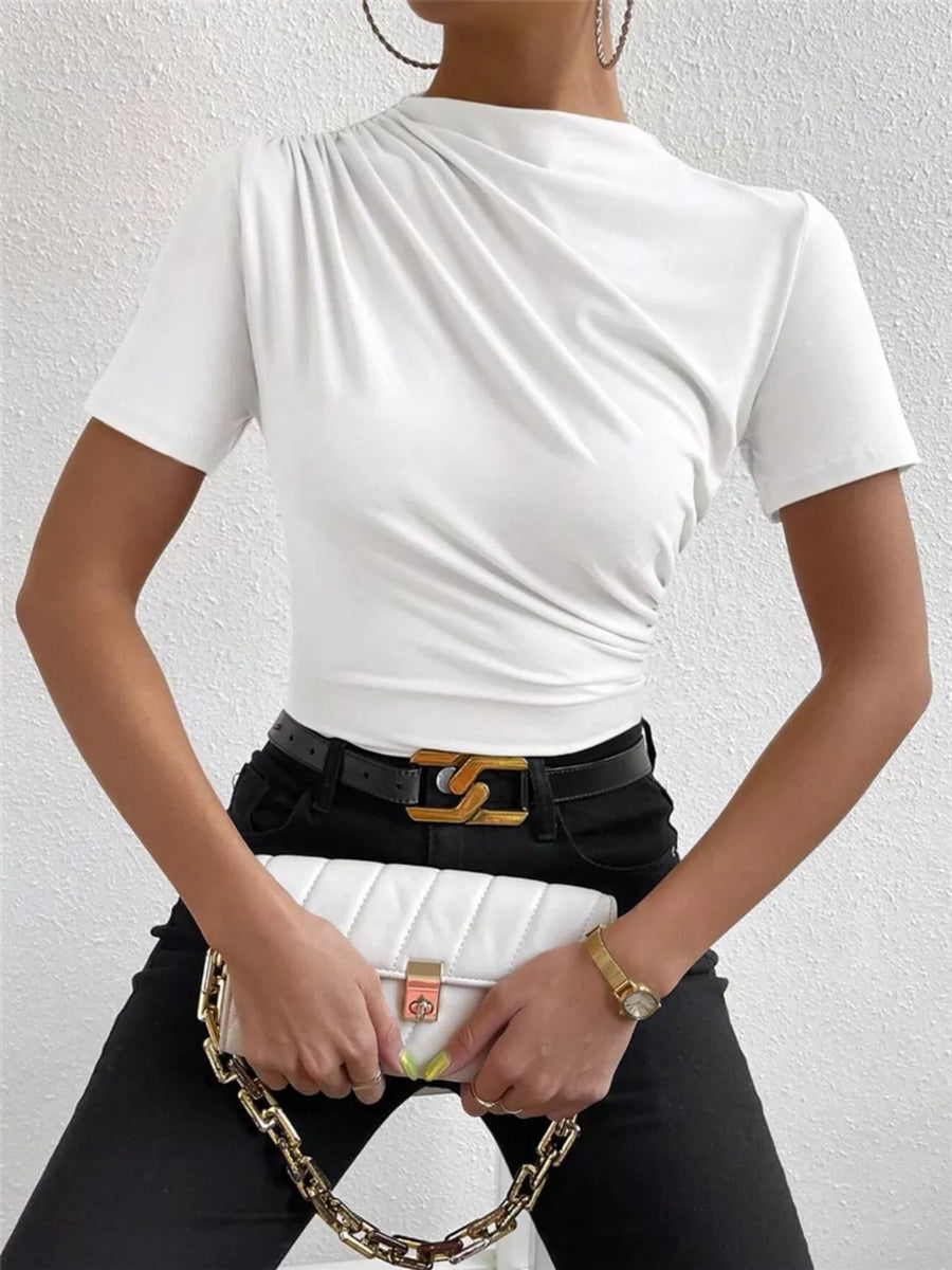 White ruched mock neck t-shirt with short sleeves and draped detailing.