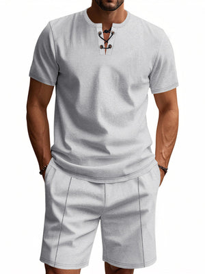 Light gray lace-up V-neck casual t-shirt and shorts set for men.