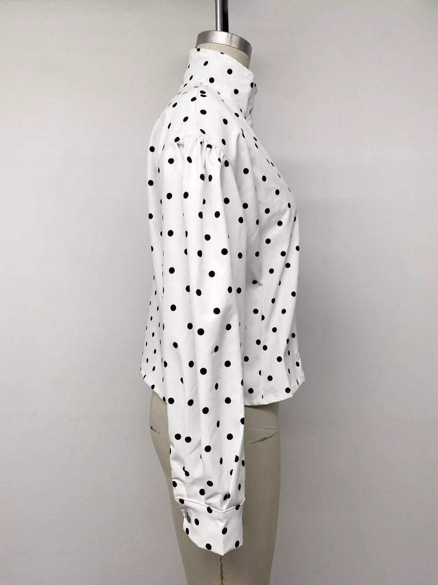 Polka Dot Zip Up Cropped Jacket in White with buttoned
