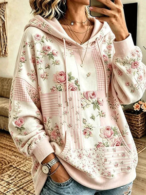 light pink pullover hoodie with patchwork and hooded