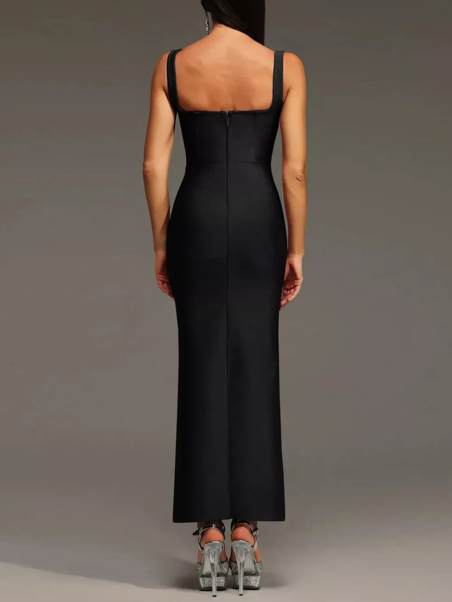 Black bodycon dress featuring rhinestone and geometric