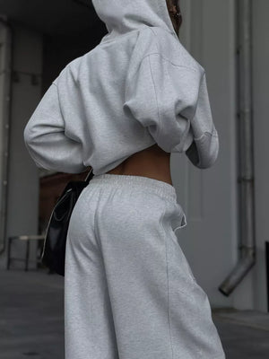 Brown Oversized Zip-up Hoodie And Wide-leg Pants Set