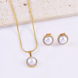 Synthetic Pearl, 18K Gold-Plated, Titanium Steel, Rhinestone Care instructions: jewelry set in Gold with round silhouette