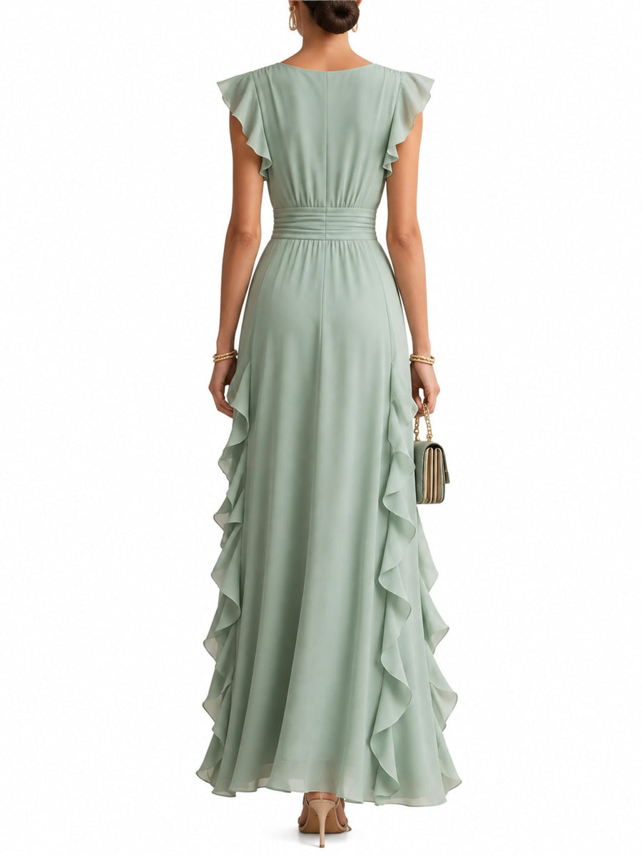 Burgundy A-line maxi dress with deep v-neck