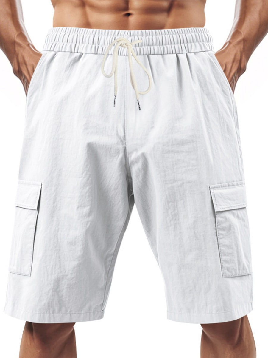 Men's white casual cargo shorts with elastic waistband and drawstring.
