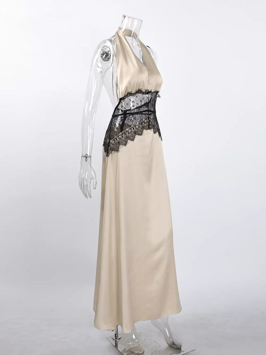 Khaki Color maxi dress with maxi and back-zip