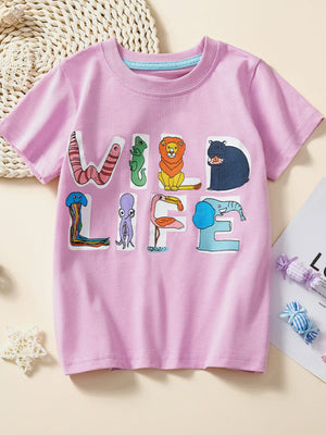 Pink toddler t-shirt with colorful "WILD LIFE" animal graphic, short sleeves, crew neck.